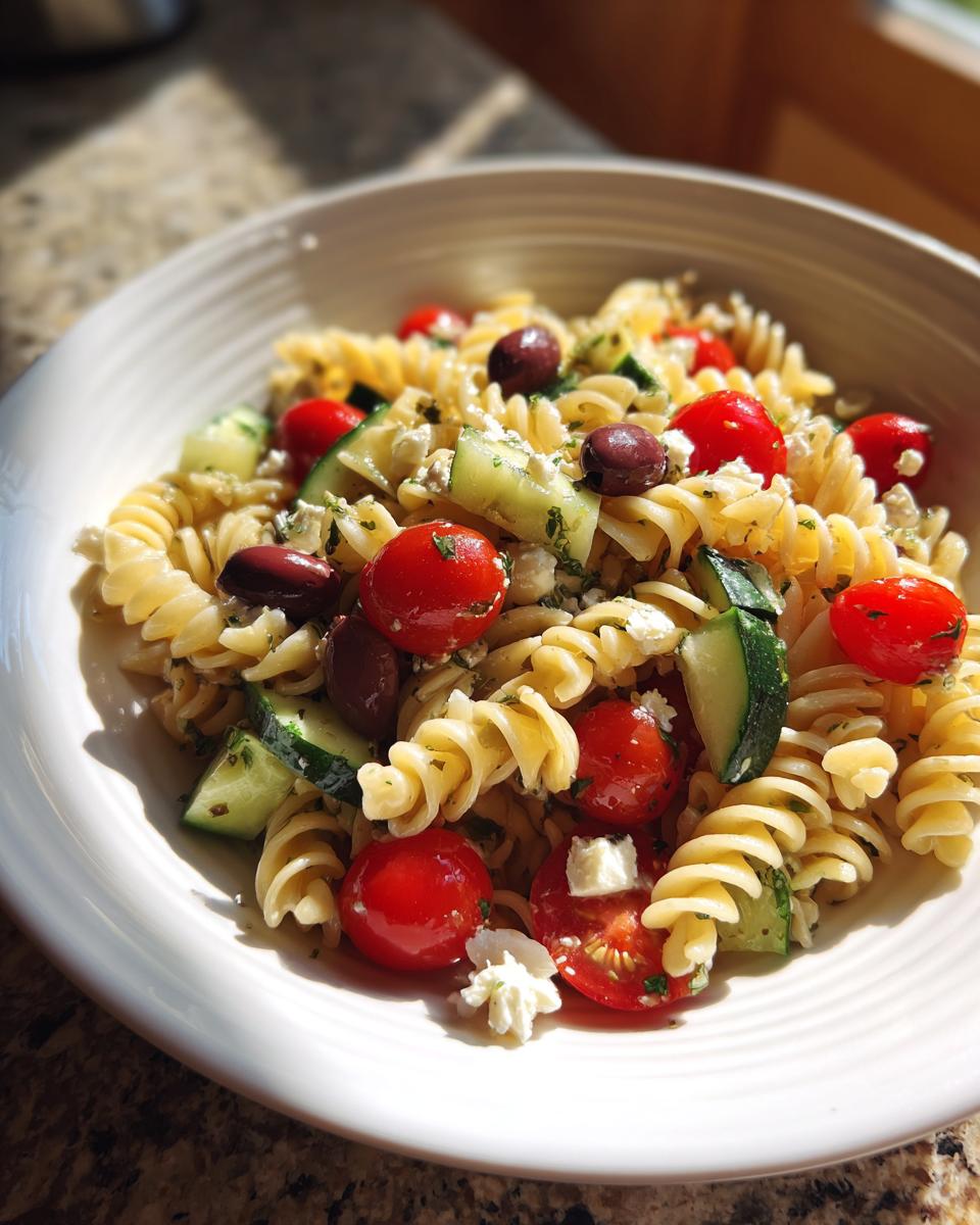 Close-up of a bowl of mediterranean pasta salad featuring rotini, cherry tomatoes, cucumber, olives, and feta cheese.