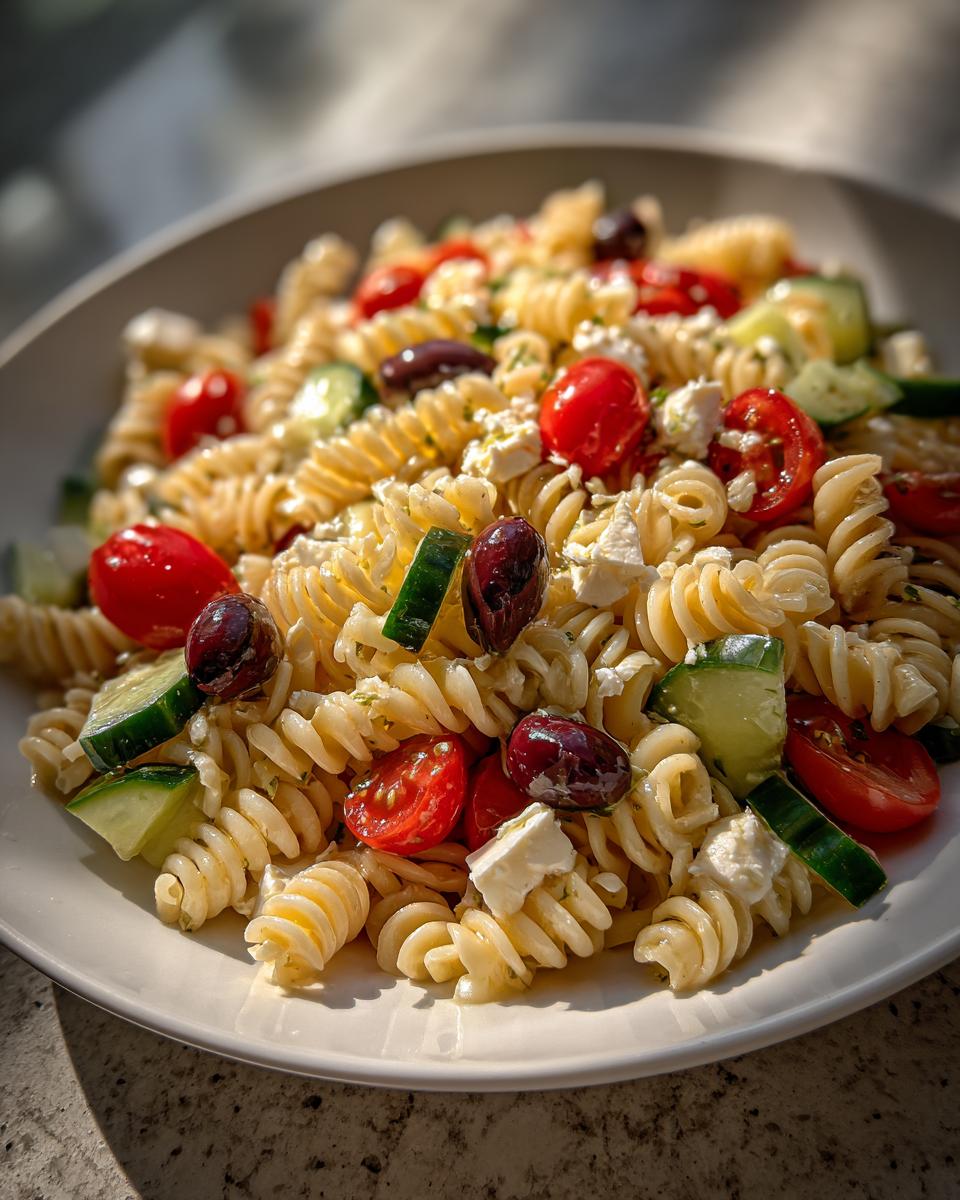 A close-up serving of vibrant mediterranean pasta salad featuring rotini pasta, cherry tomatoes, cucumbers, feta, and Kalamata olives.
