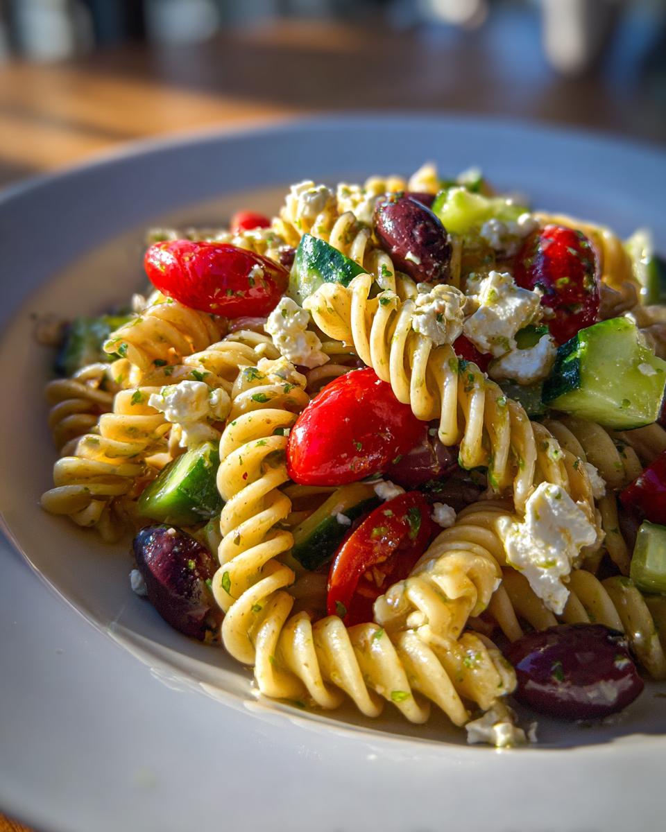 A close-up, sunlit serving of mediterranean pasta salad featuring rotini pasta, cherry tomatoes, cucumber, feta, and Kalamata olives.
