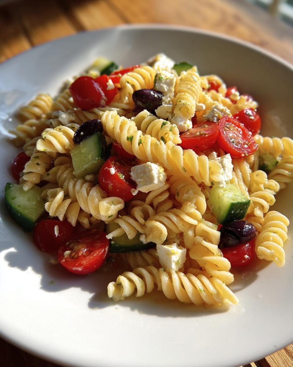 A close-up of delicious mediterranean pasta salad featuring rotini pasta, cherry tomatoes, cucumber, feta cheese, and olives.