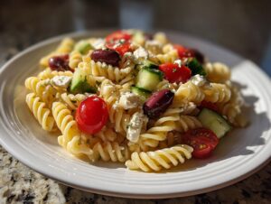 Close-up of a serving of mediterranean pasta salad featuring rotini pasta, cherry tomatoes, cucumbers, feta, and Kalamata olives.