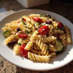 Close-up of a serving of mediterranean pasta salad made with rotini, cherry tomatoes, cucumber, feta, and Kalamata olives.