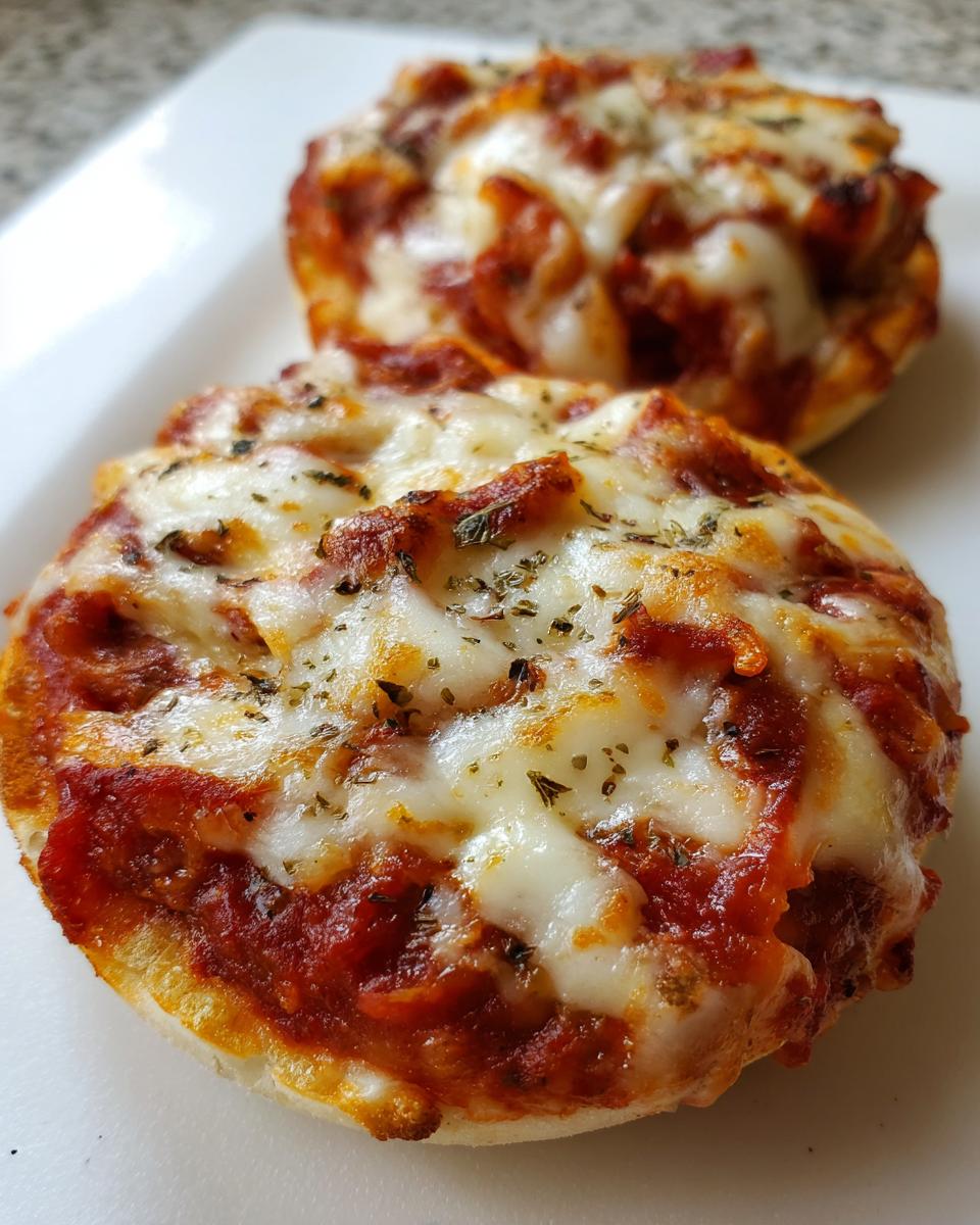 Two freshly baked english muffin pizza halves topped with melted mozzarella cheese and herbs on a white plate.