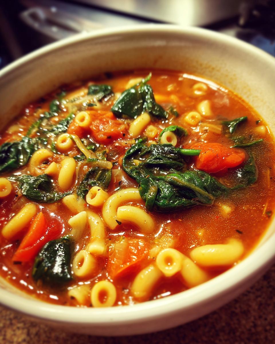 Close-up of a white bowl filled with rich, tomato-based minestrone soup featuring elbow macaroni and wilted spinach.