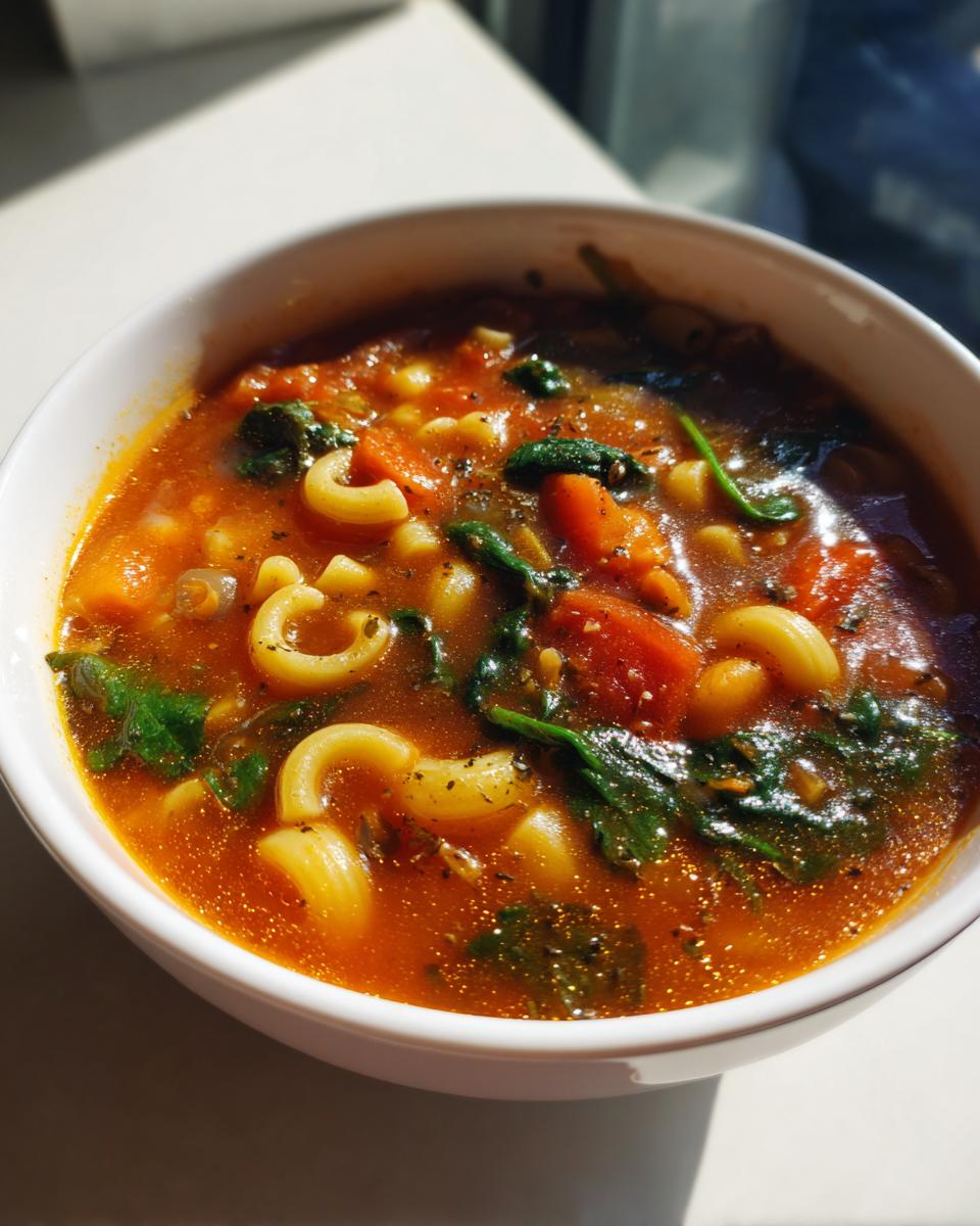 Close-up of a white bowl filled with rich, tomato-based minestrone soup featuring elbow macaroni and wilted spinach.