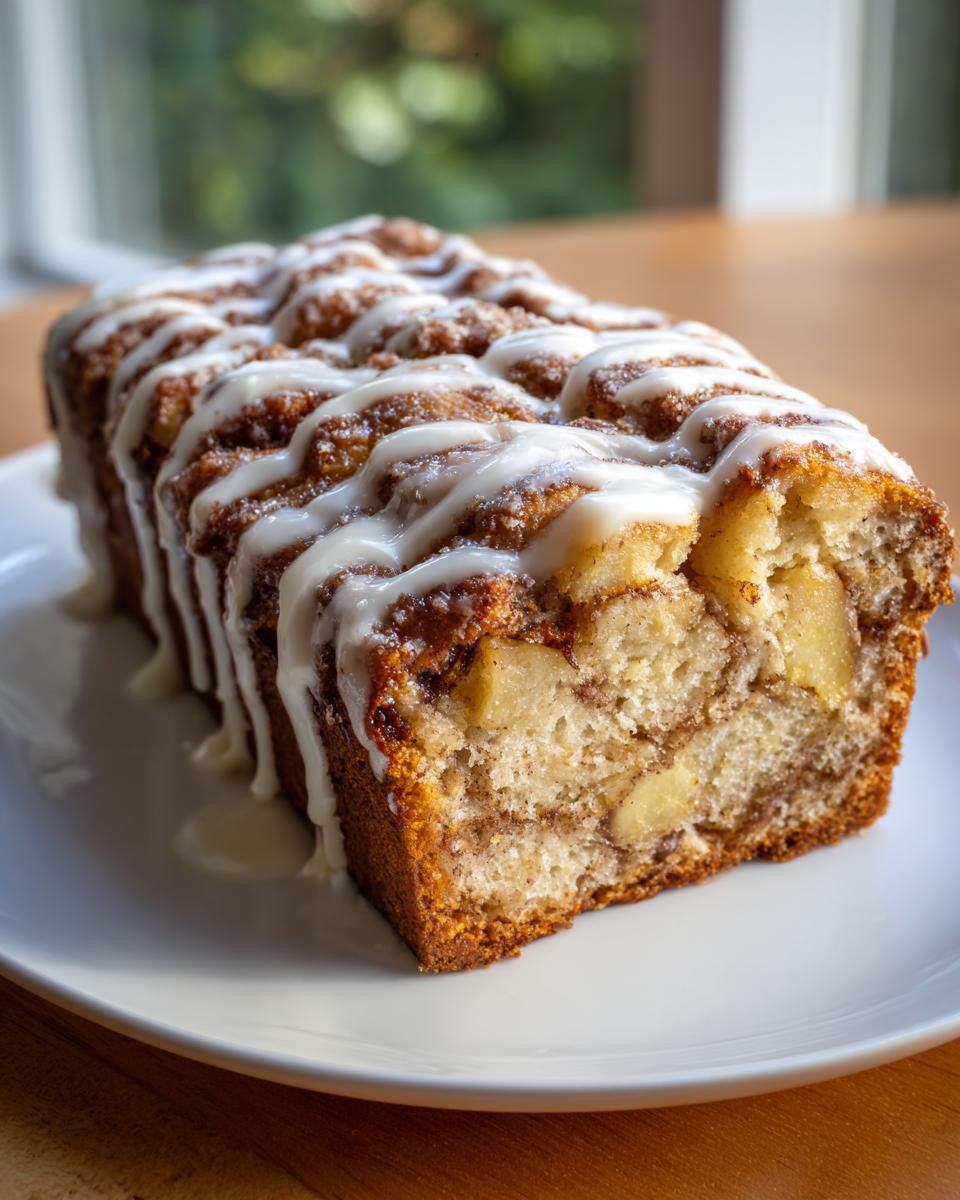 A freshly baked loaf of apple fritter bread, drizzled with white icing, sitting on a white plate.