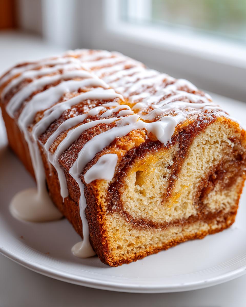 A whole loaf of moist apple fritter bread featuring a cinnamon swirl and drizzled with thick white icing.