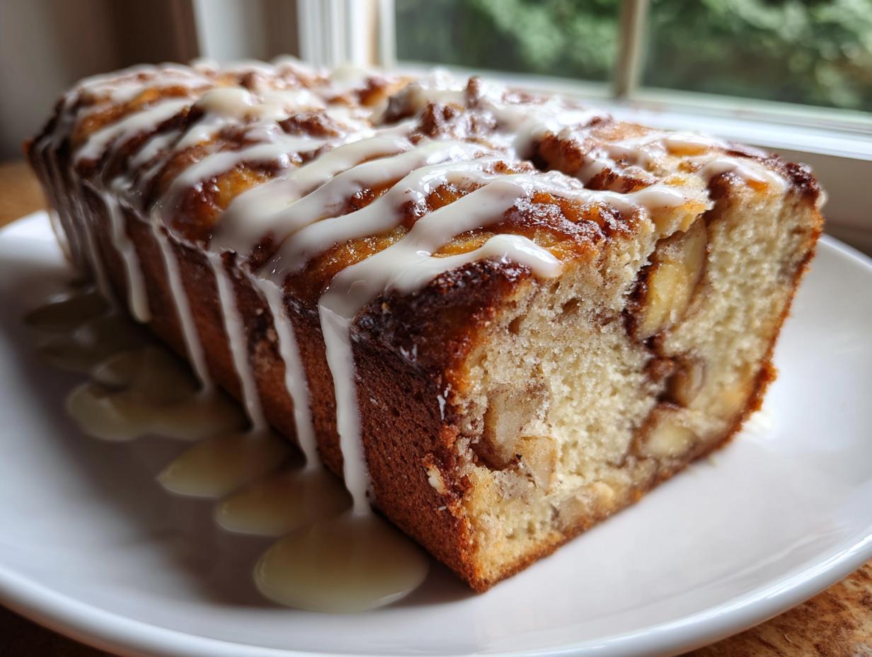 A loaf of moist apple fritter bread drizzled heavily with white vanilla glaze, sitting on a white plate.