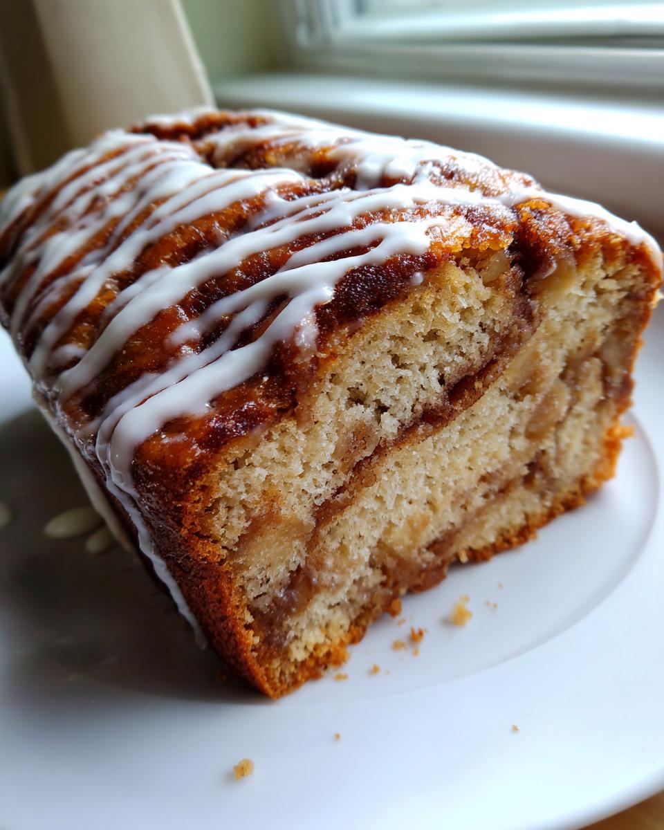 Close-up of a moist slice of apple fritter bread showing cinnamon swirl and white glaze icing.