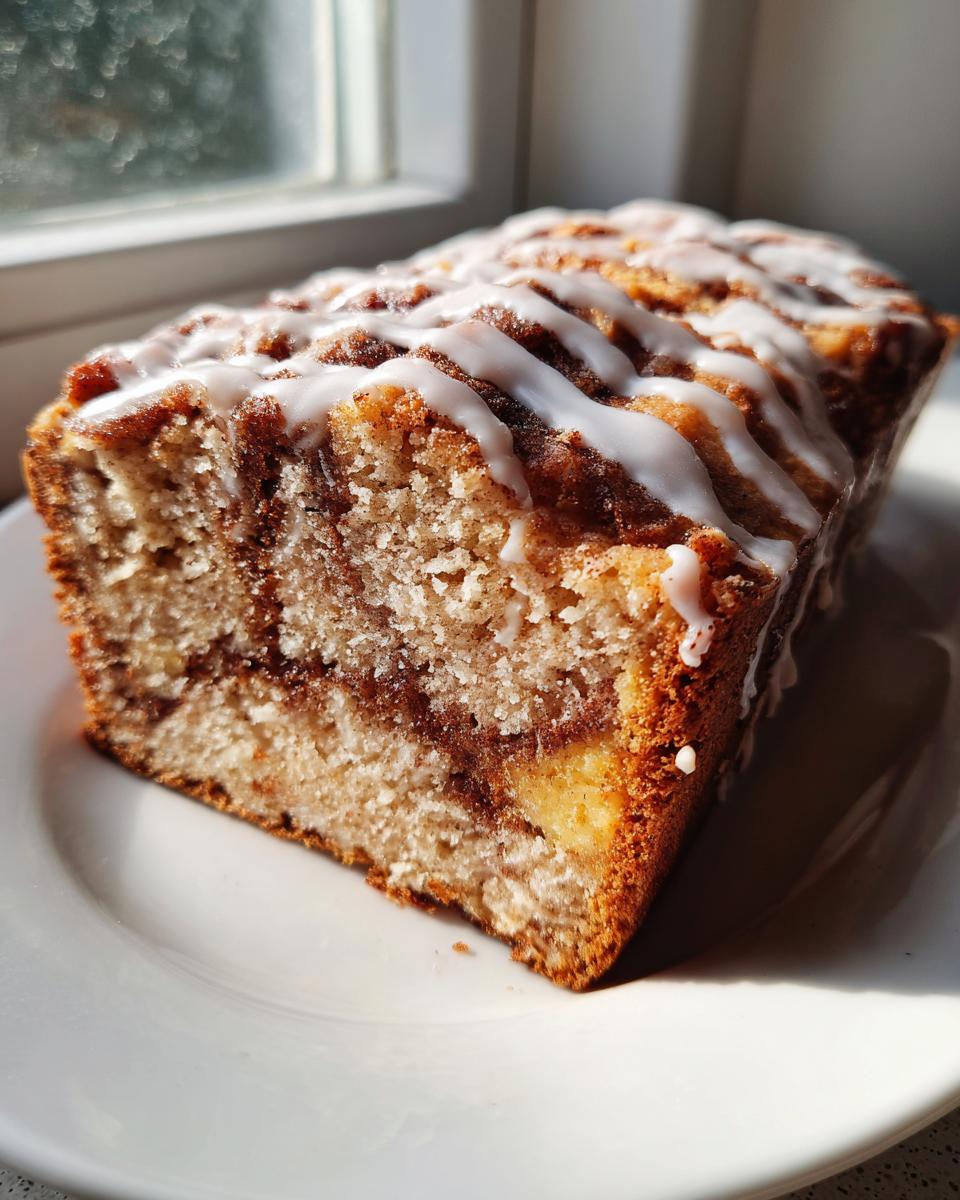 A slice of moist apple fritter bread with visible cinnamon swirl and white vanilla glaze drizzled on top.