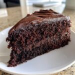 A close-up of a rich, dark slice of chocolate cake topped with thick, glossy chocolate frosting.