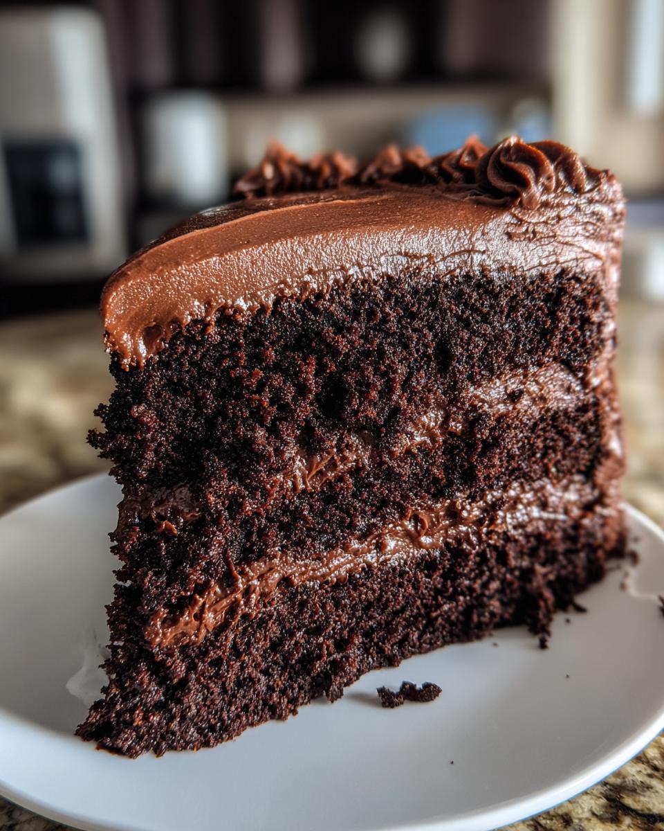 A close-up slice of moist, dark chocolate cake layered with creamy chocolate frosting.