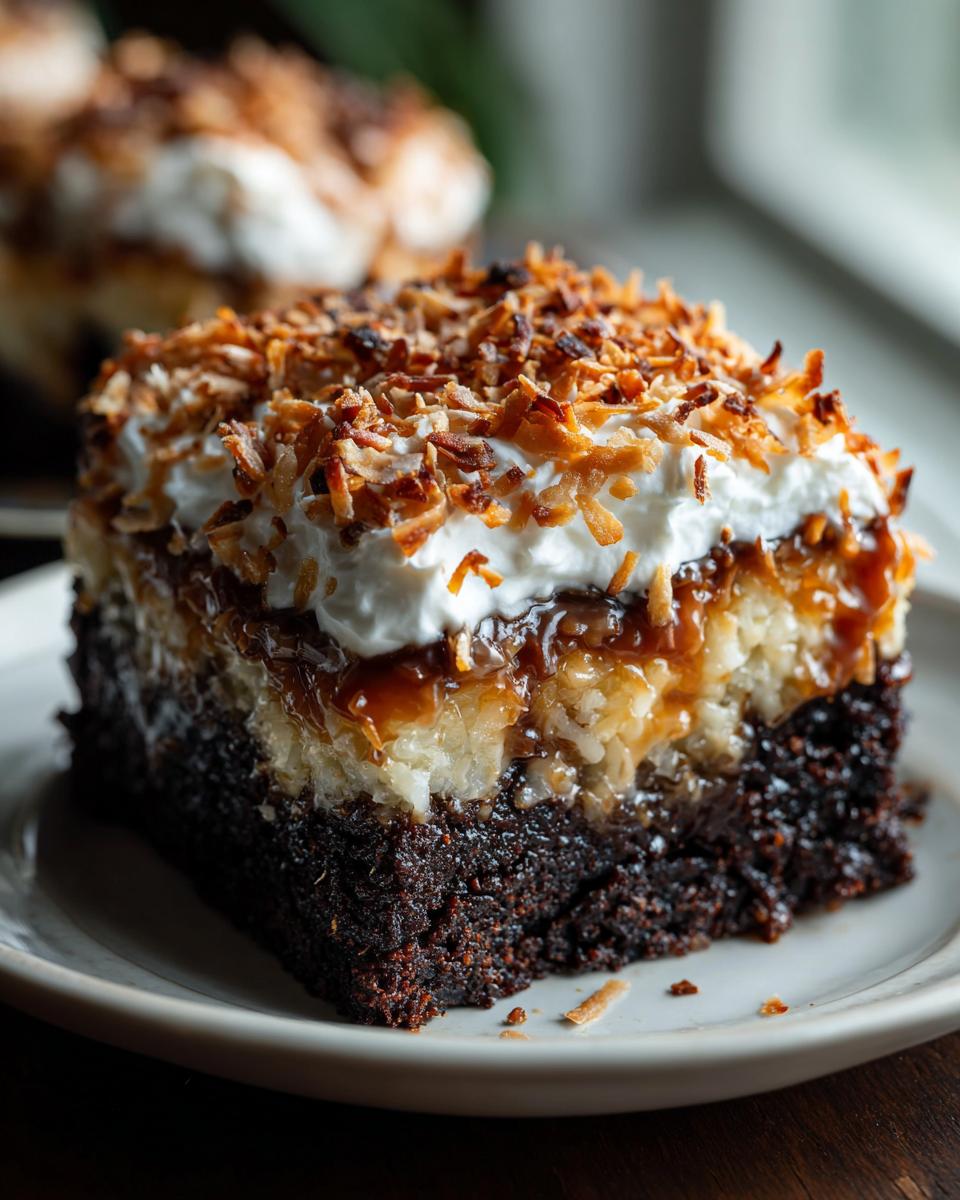 A rich slice of german chocolate poke cake showing the dark chocolate base, coconut layer, and toasted coconut topping.