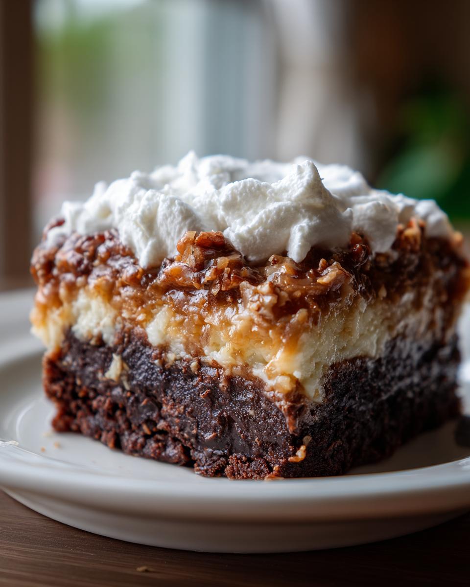 Close-up of a moist slice of german chocolate poke cake featuring a dark chocolate base, creamy layer, pecan topping, and whipped cream.