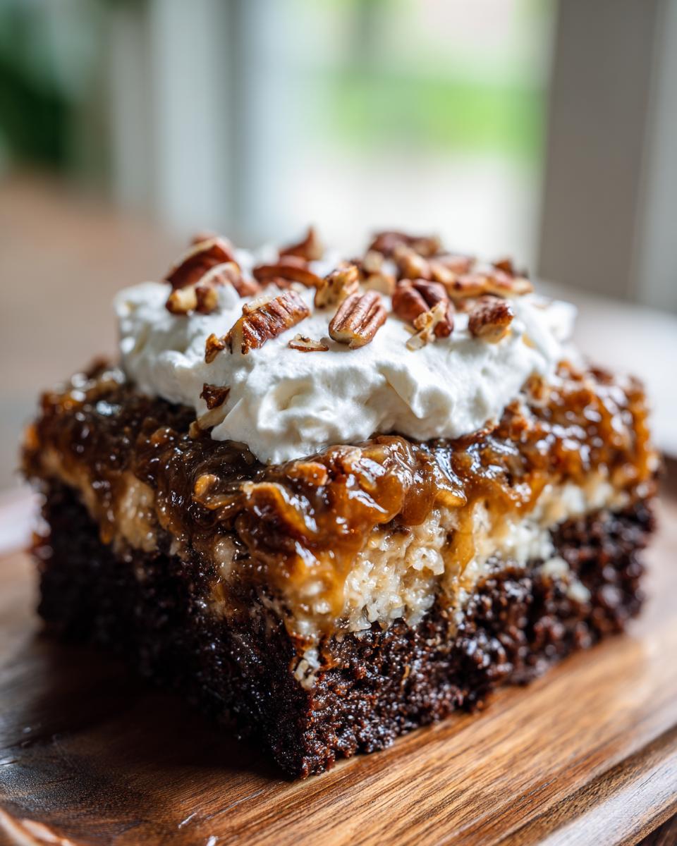 Close-up of a moist german chocolate poke cake slice topped with gooey caramel, coconut, whipped cream, and pecans.