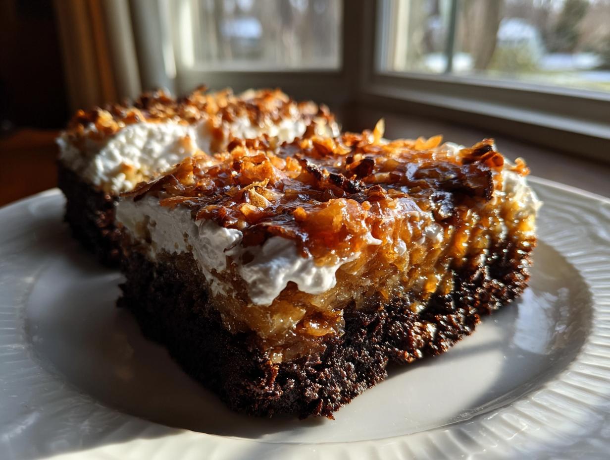 Two slices of moist german chocolate poke cake with white frosting and toasted coconut topping on a white plate.