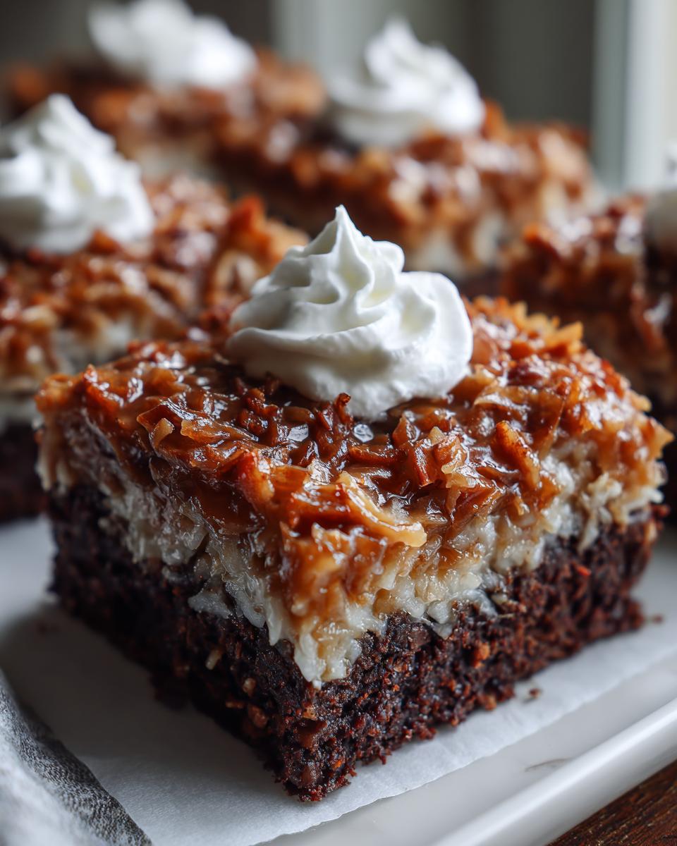 Close-up of a moist german chocolate poke cake square topped with gooey coconut frosting and a dollop of whipped cream.