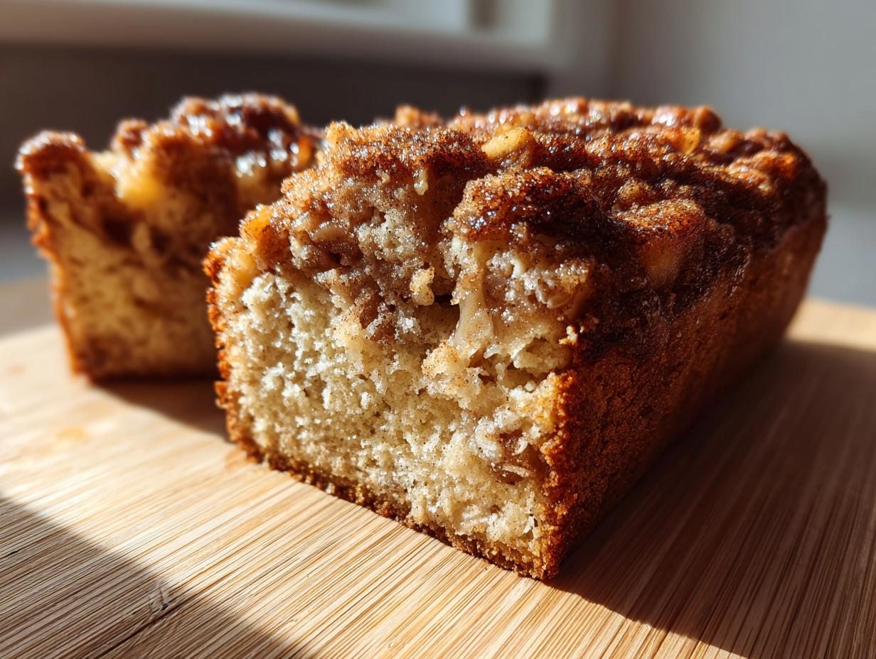 Close-up of a moist slice of jewish apple cake showing the tender crumb and cinnamon sugar topping.