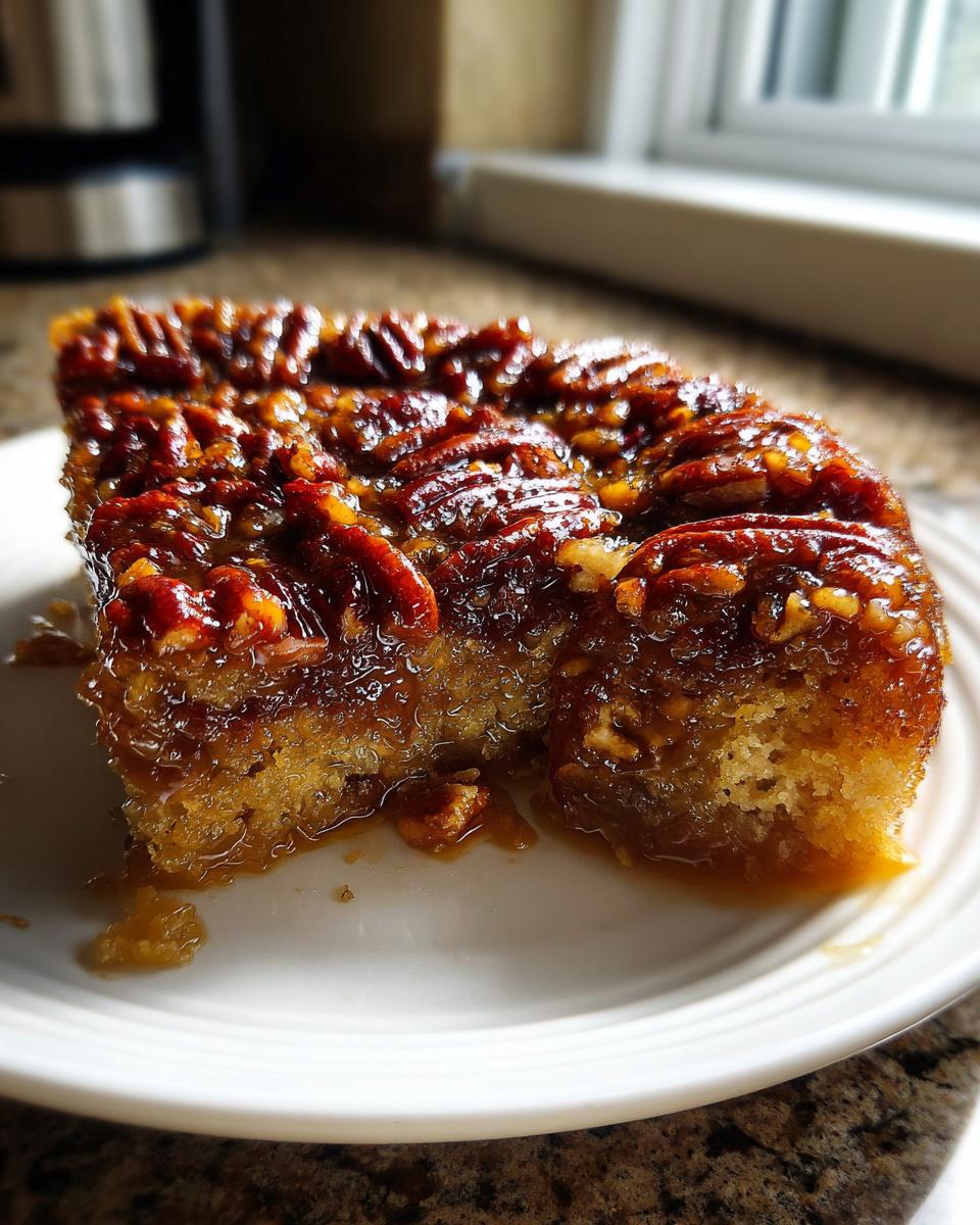 A close-up of a moist slice of pecan upside down cake covered in sticky, caramelized pecans.