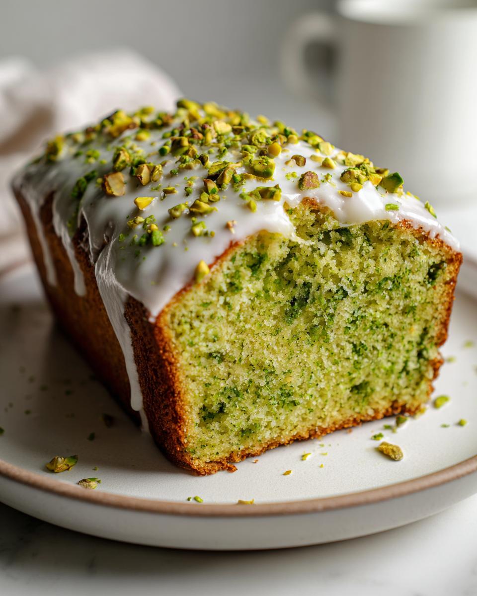 A close-up of a slice of vibrant green pistachio bread loaf topped with white glaze and chopped pistachios.
