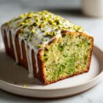Close-up of a freshly baked pistachio bread loaf drizzled with white glaze and topped with chopped pistachios.