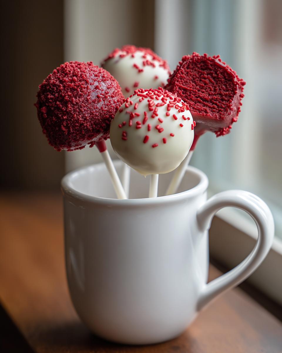 Four red velvet cake pops displayed in a white mug, some dipped in white chocolate and sprinkles.