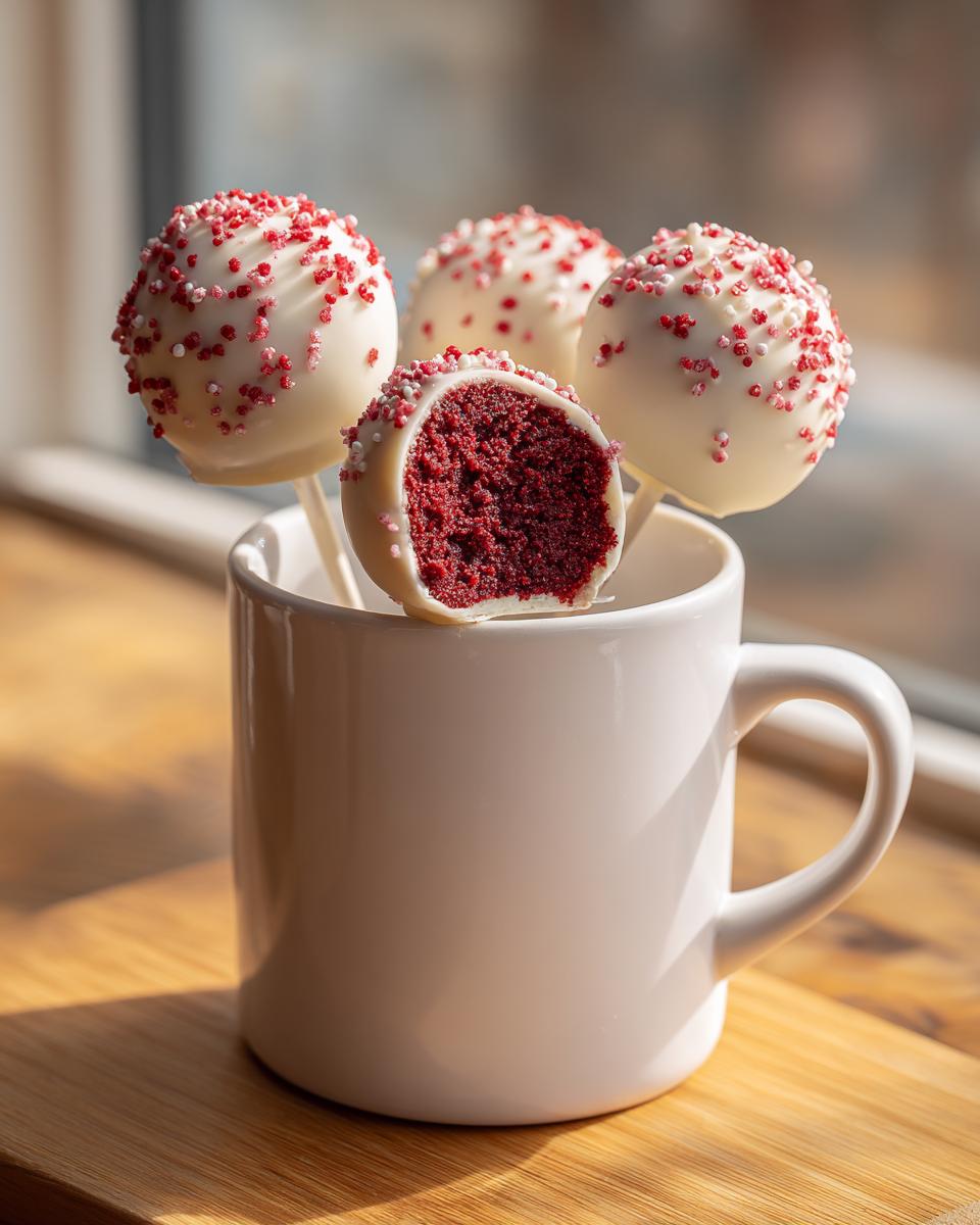 Four moist red velvet cake pops dipped in white chocolate and sprinkles, displayed in a white mug.