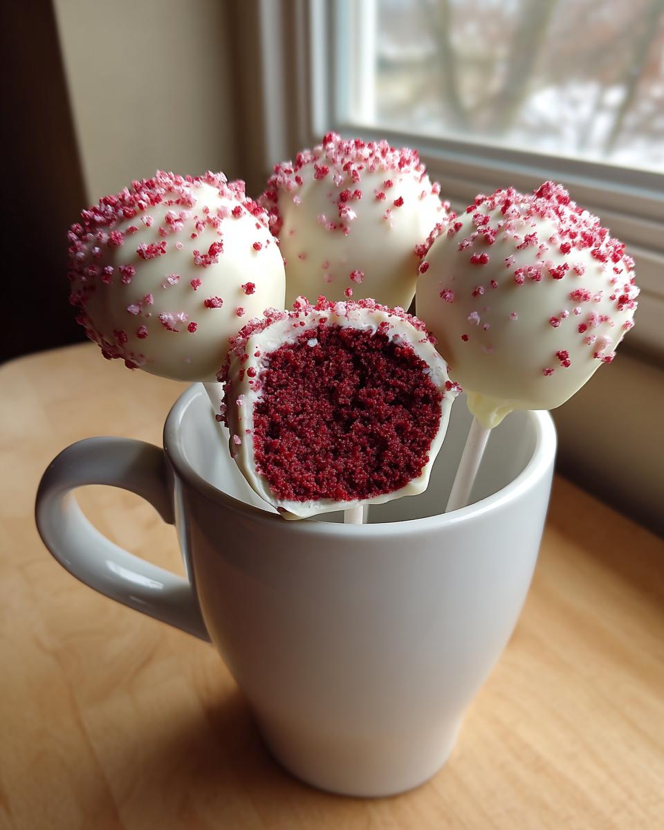 Four red velvet cake pops dipped in white chocolate and sprinkled with red sugar, one cut open to show the moist interior.