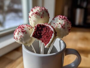Four moist red velvet cake pops dipped in white chocolate and topped with pink sprinkles, displayed in a white mug.