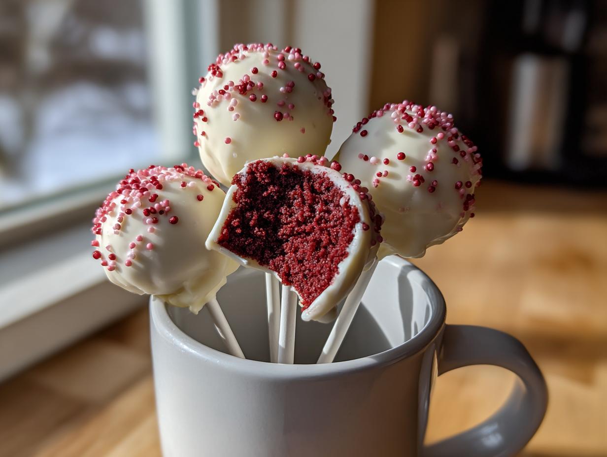 Four moist red velvet cake pops dipped in white chocolate and topped with pink sprinkles, displayed in a white mug.