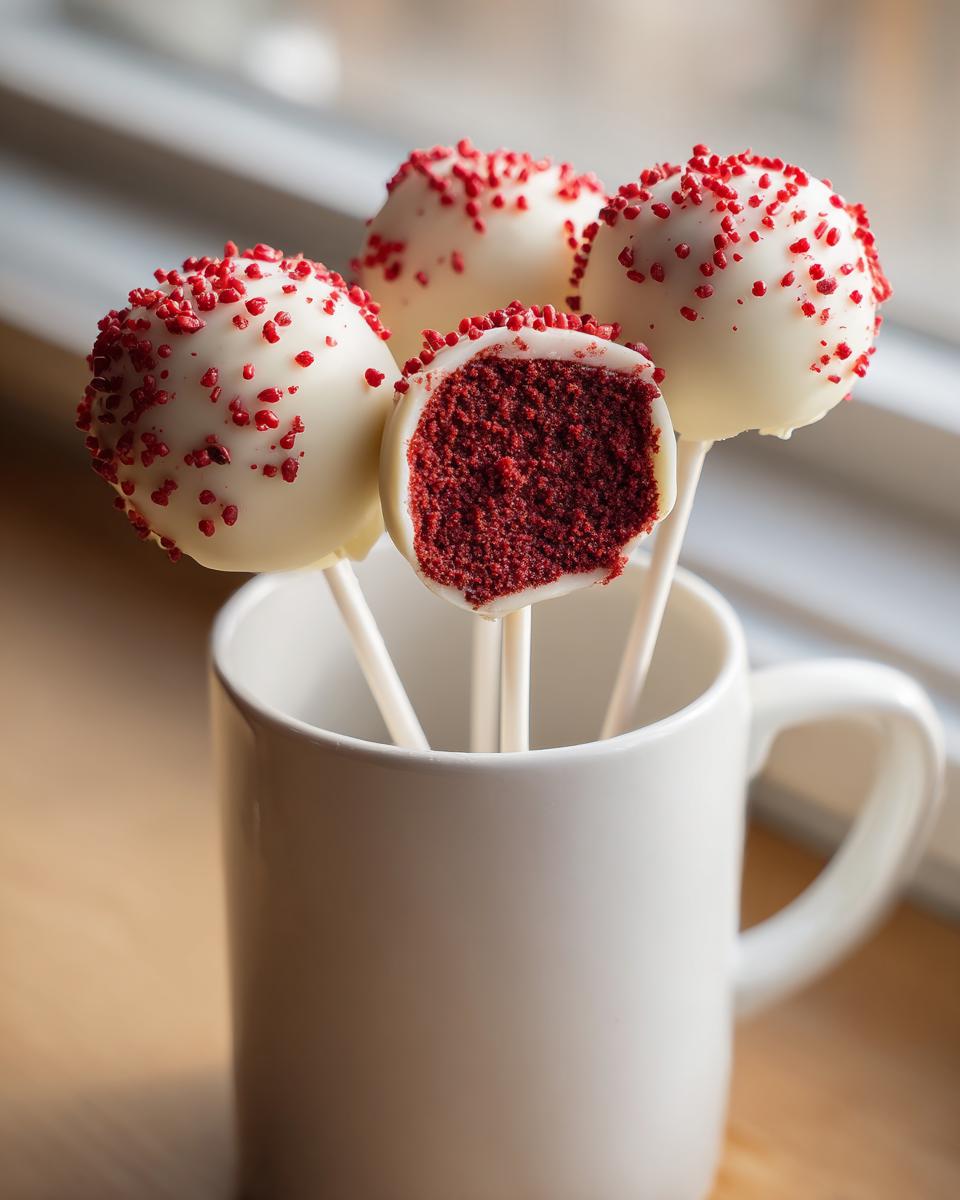 Four moist red velvet cake pops dipped in white chocolate and topped with red sprinkles, displayed in a white mug.