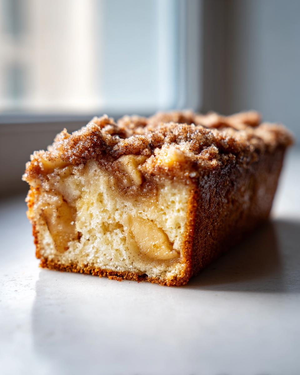 Close-up of a moist slice of jewish apple cake showing tender cake, baked apple chunks, and cinnamon streusel topping.