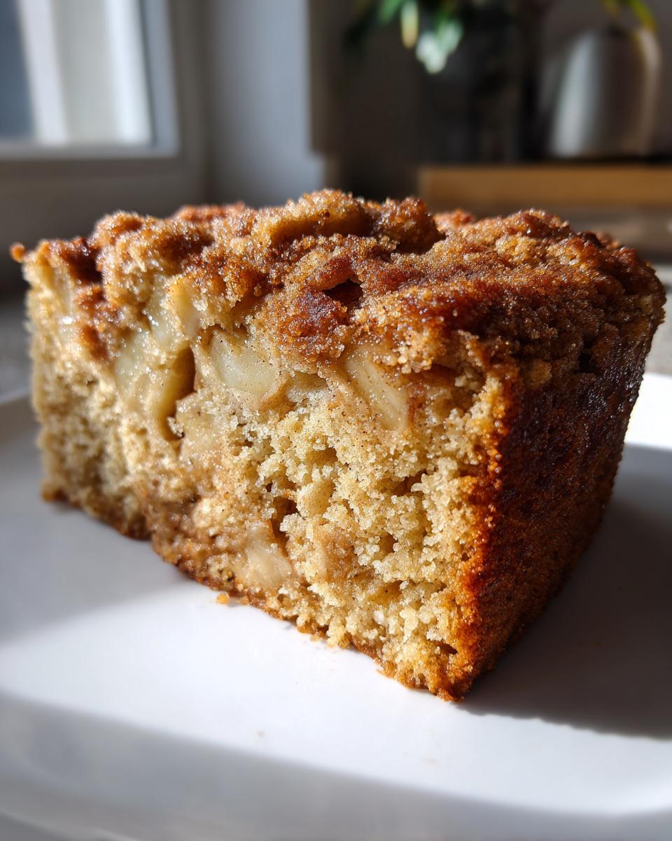 Close-up of a moist slice of jewish apple cake showing tender crumb and cinnamon sugar topping.