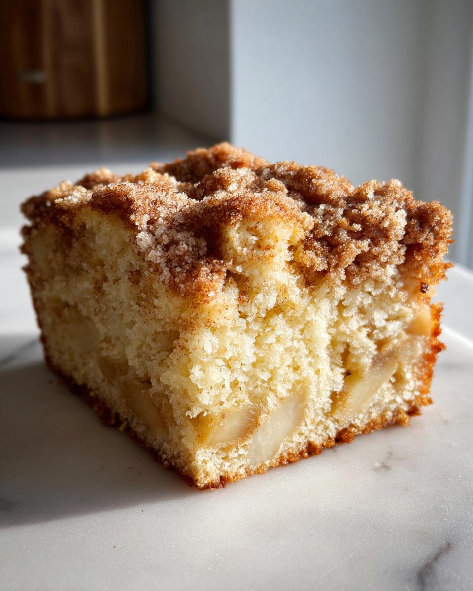Close-up of a moist slice of jewish apple cake topped with cinnamon streusel.