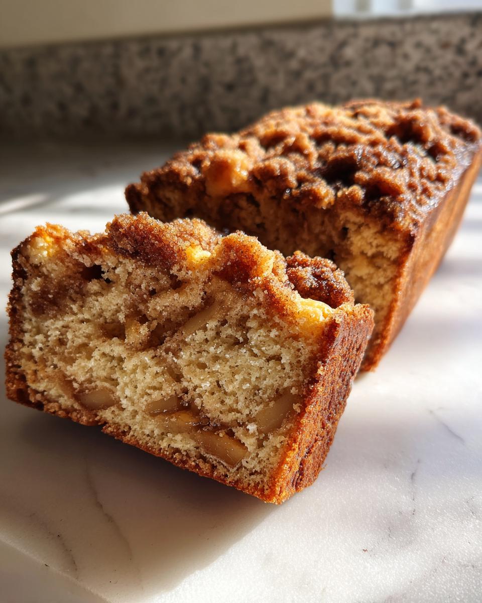 Close-up of a moist slice cut from a jewish apple cake loaf, showing tender crumb and apple pieces.