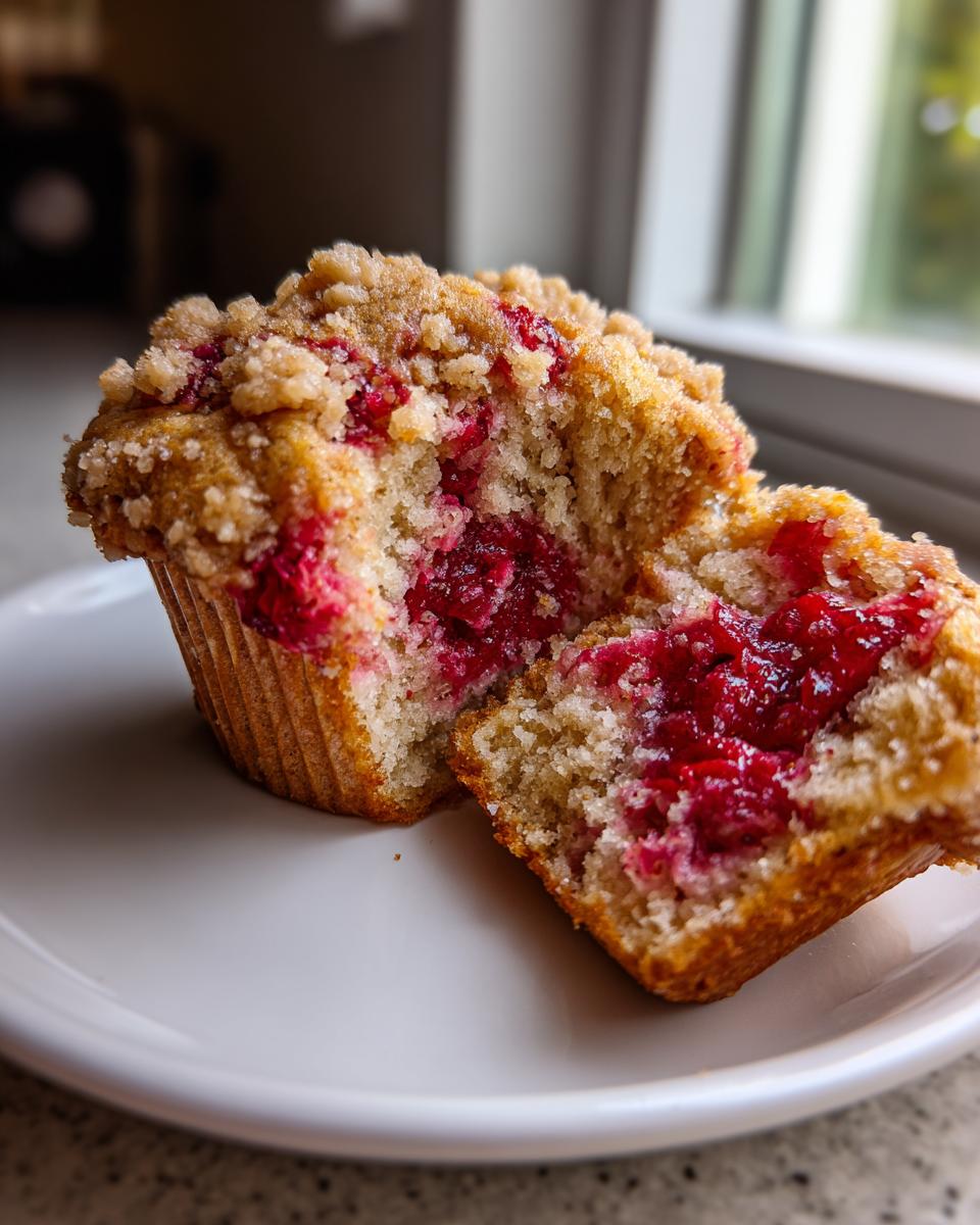 Close-up of a strawberry muffin cut in half showing the moist interior and bright red strawberry filling.