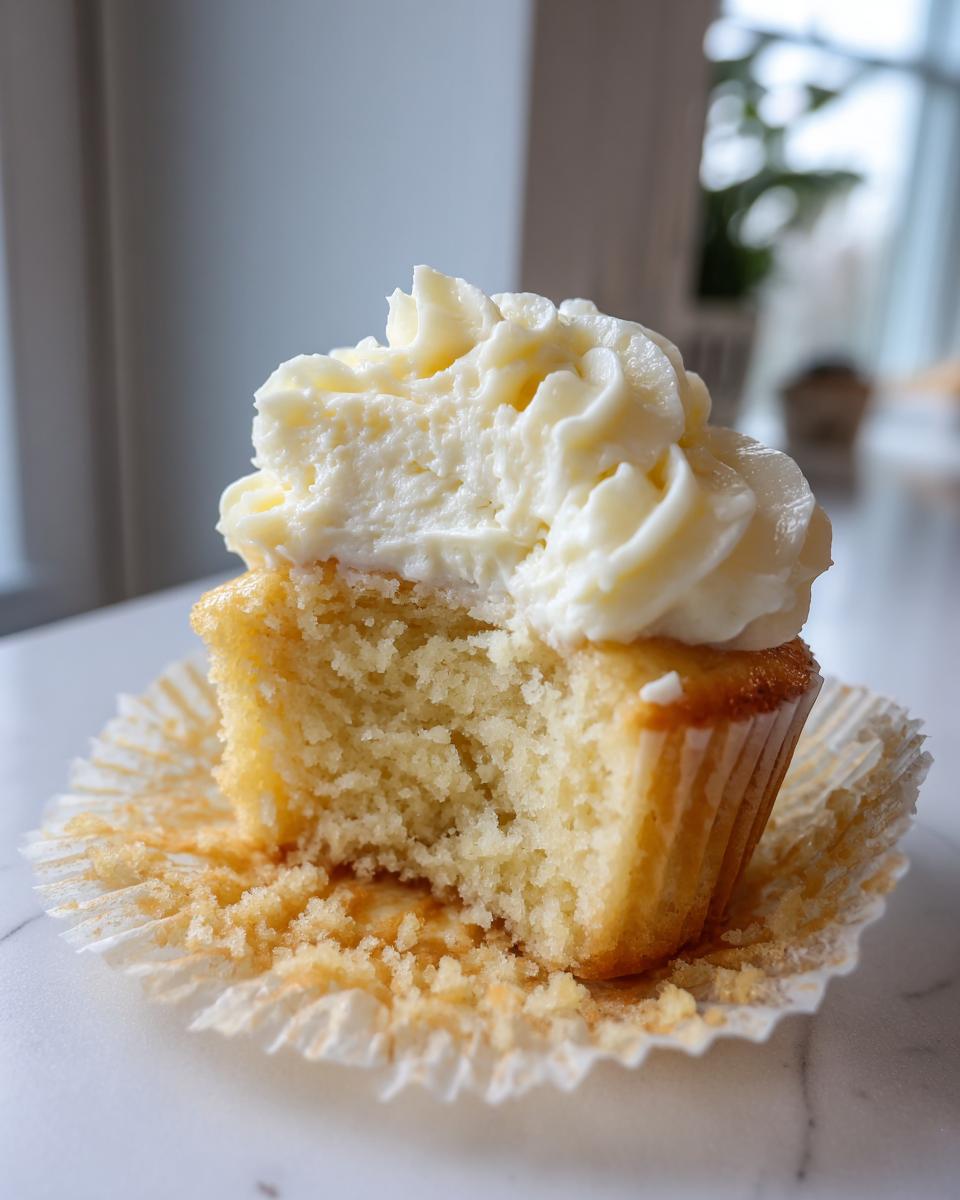Close-up of a vanilla cupcake with a bite taken out, showing the moist crumb and thick swirl of white vanilla frosting.