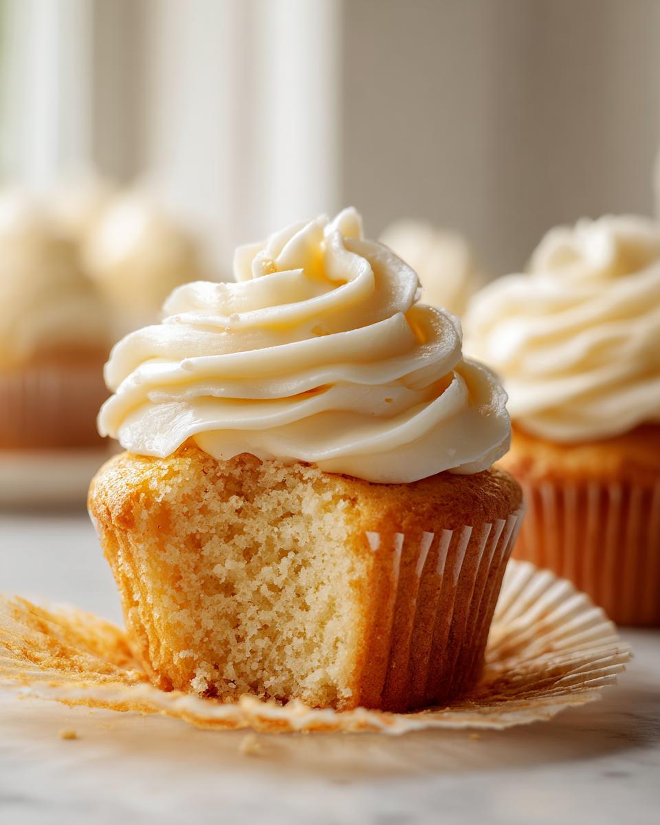 Close-up of a vanilla cupcakes with a bite taken out, showing the moist crumb and rich vanilla frosting.