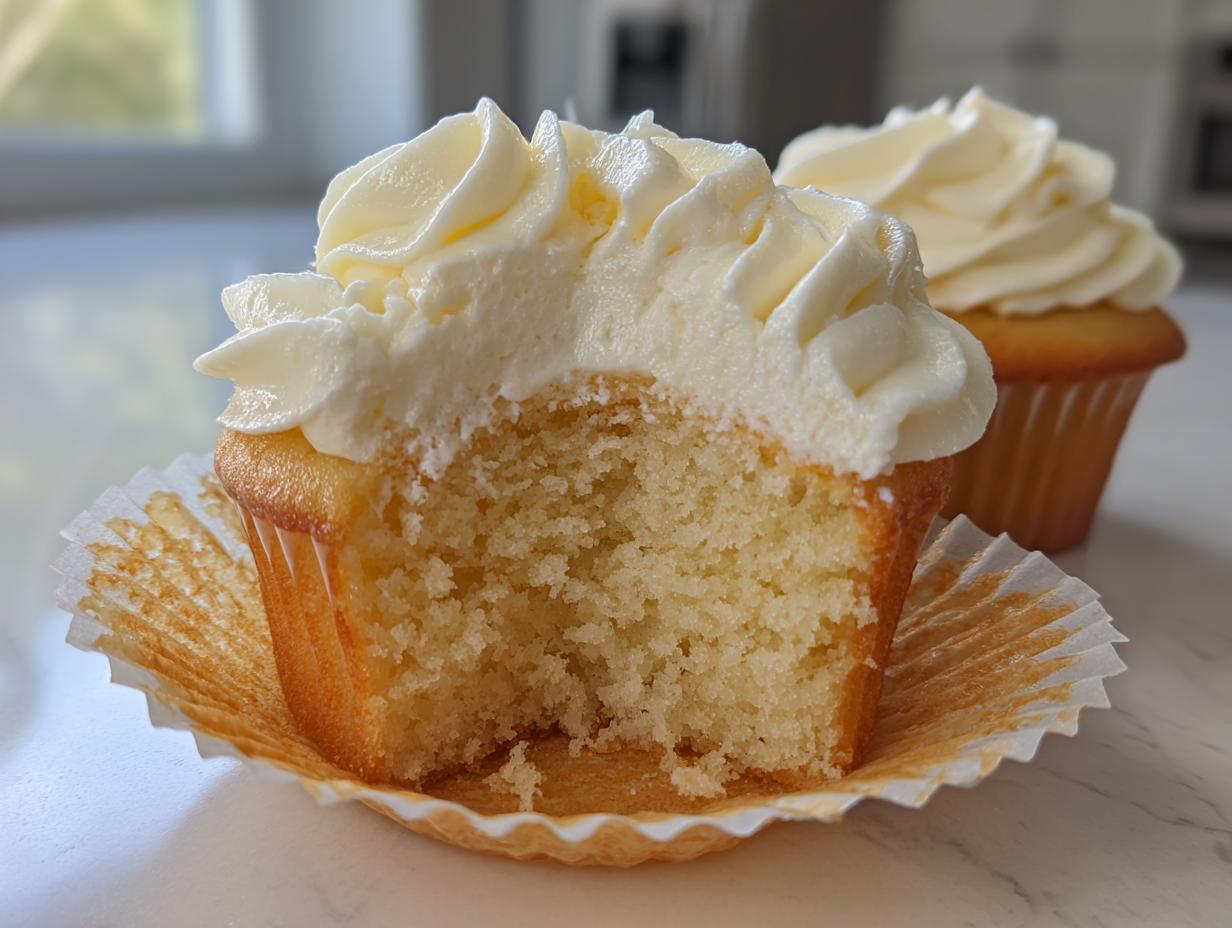 Close-up of a vanilla cupcake cut in half showing the moist crumb and thick vanilla buttercream frosting.