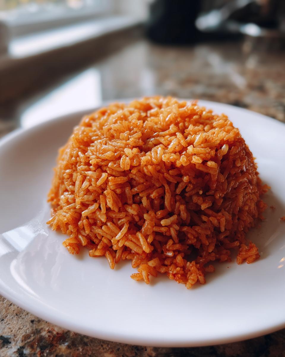 A close-up of a perfectly molded mound of vibrant orange Jollof rice served on a white plate.