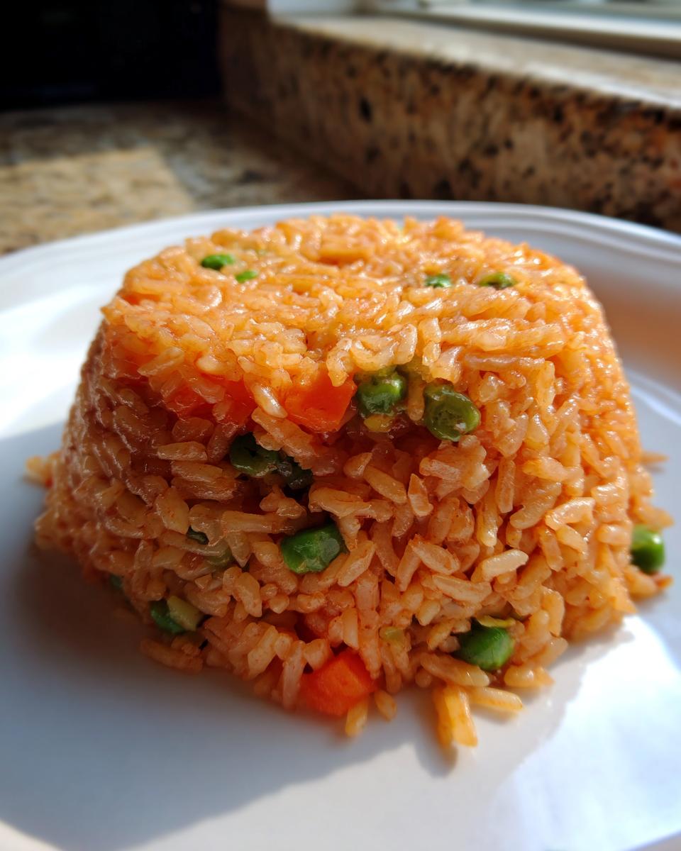 A molded serving of vibrant orange Mexican rice mixed with green peas and diced carrots on a white plate.