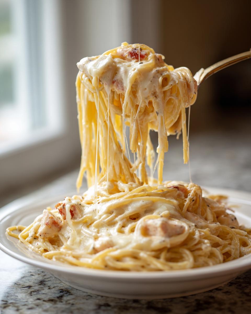 A fork lifts a large portion of creamy Monterey chicken spaghetti, showing long, stretchy cheese pulls.