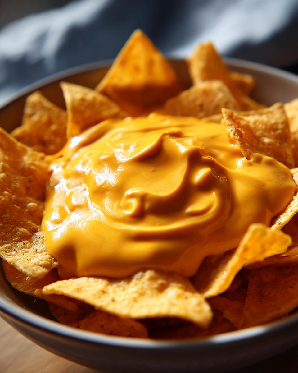 A close-up of a bowl filled with tortilla chips surrounding a generous dollop of creamy nacho cheese sauce.