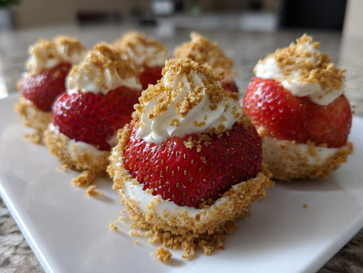 Close-up of several cheesecake deviled strawberries filled with cream and topped with graham cracker crumbs.
