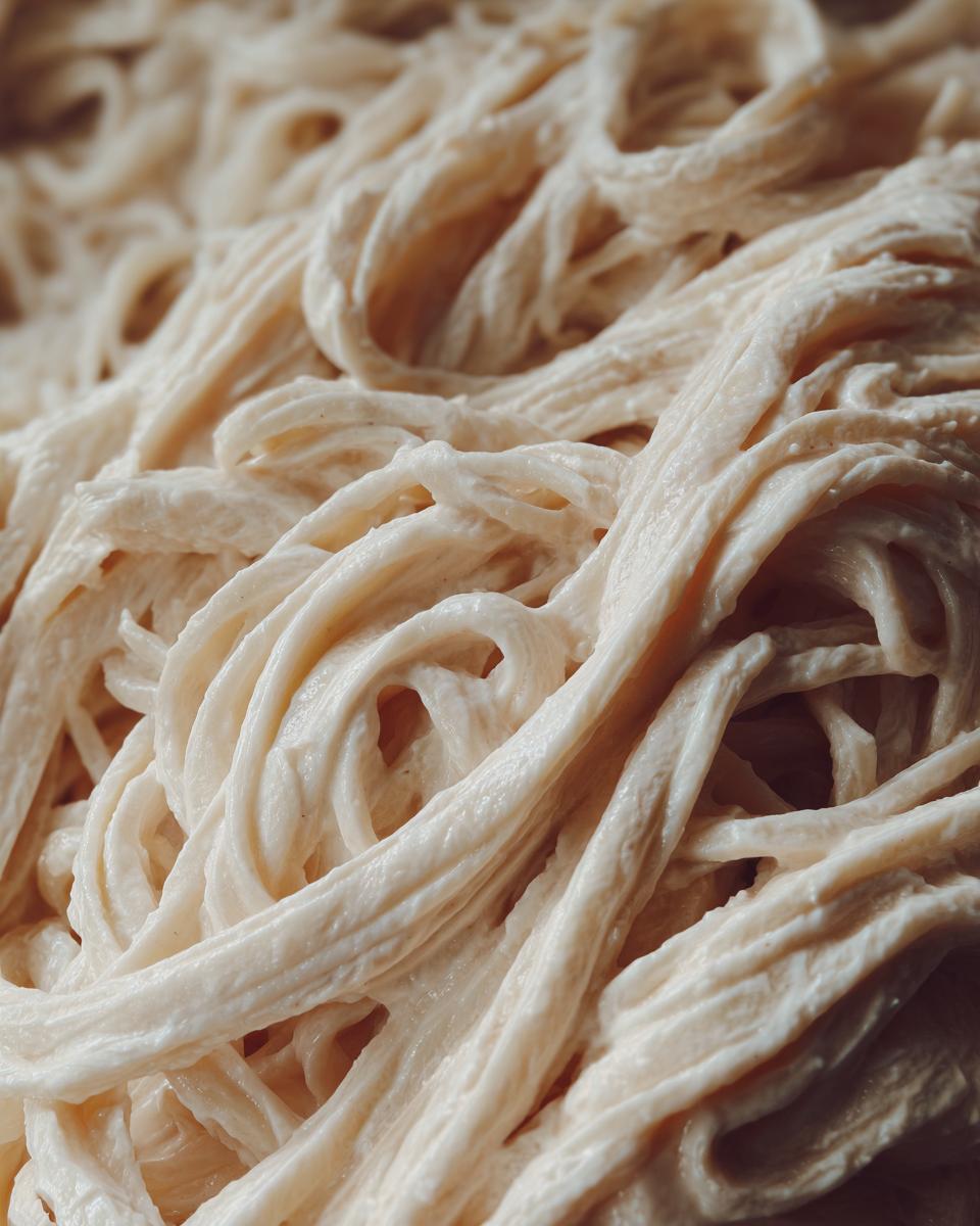 Close-up of fettuccine noodles thoroughly coated in rich, creamy vegan alfredo sauce.