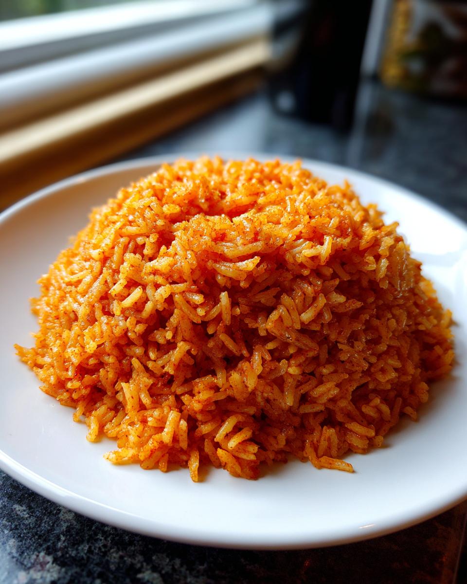 A close-up shot of a perfectly molded mound of vibrant orange-red Jollof rice served on a white plate.
