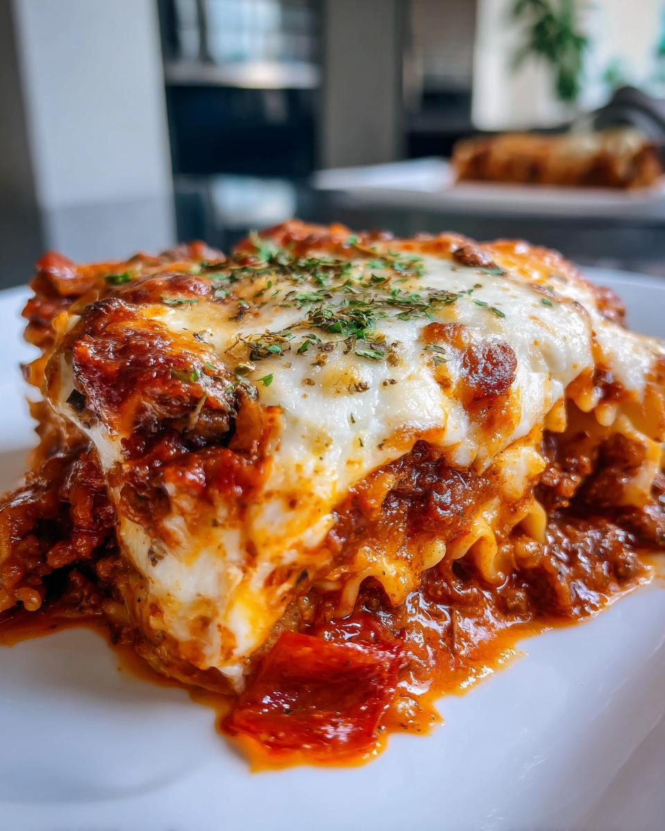 Close-up of a rich slice of pizza pasta casserole topped with melted mozzarella and herbs.