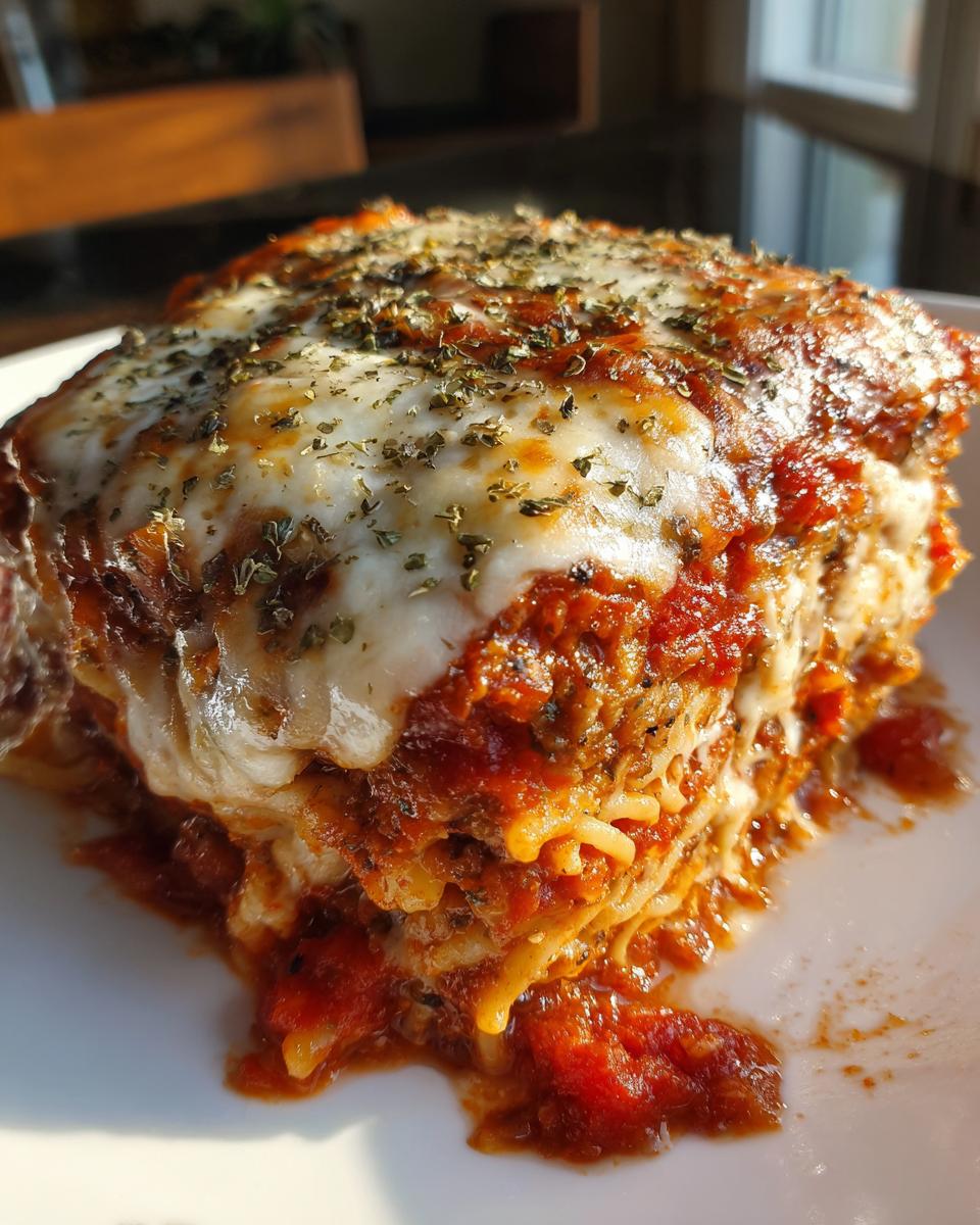 Close-up of a rich, cheesy slice of pizza pasta casserole topped with melted mozzarella and dried herbs.