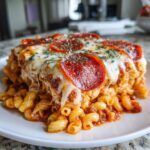 A generous serving of baked pizza pasta topped with melted mozzarella, pepperoni slices, and herbs on a white plate.