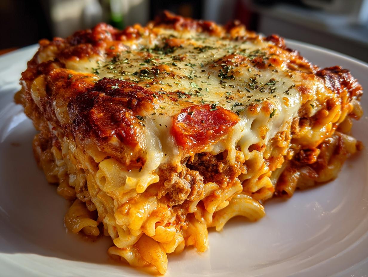 Close-up of a hearty slice of baked pizza pasta casserole with melted cheese and pepperoni.